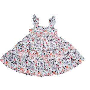 NWOT | Bunny & Rainbow Print Tiered Garden Dress | Floral | Ruffle | 4-5Y